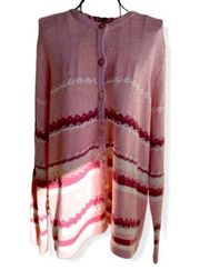 Vintage  Granny Cardigan Striped Pink Floral Buttons Size XL