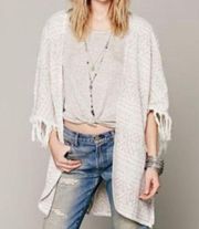 Cream Metallic Kimono Coverup With Fringe Trim