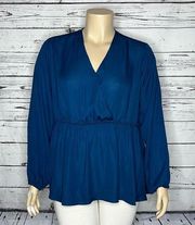 DG2 by Diane Gilman Size 2X Blue Surplice V-Neck Peplum Hemline Blouse Top