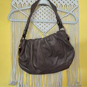 B Makowsky Brown Taupe Leather Shoulder Bag Gathered Front‎