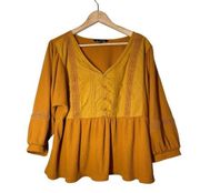 Zac & Rachel  Goldenrod 3/4 Balloon Sleeve Blouse Top Waffle Lace Crochet XL