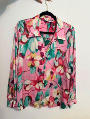 Pink Satin Patterned Button Up Blouse 