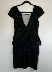 EUC Arden B. Mesh Plunge Black Glitter Peplum Bodycon Dress sz M