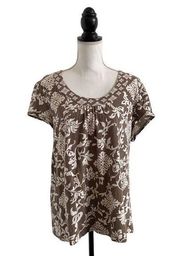 Sonoma Casual Short Sleeve Top Floral Mosaic Print White & Brown Ladies Xtra Lrg