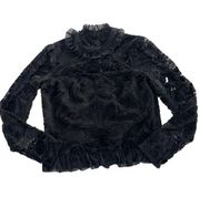 Monique Lhuillier Shirt Women Small Black Mesh Tim Sheer Ruffle Lace Blouse Poly