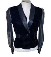 Vintage R&K Evening Black Velvet Sheer Sleeve Tailored Blazer Size 6 Petite