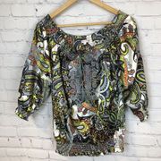 Joy Joy Blouse Sm Colorful Vibrant Print Smocked Embroidered Boho Paisley Satin