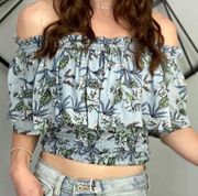 Tiare Hawaii Off Shoulder Floral Blue Smocked Crop Top O/S