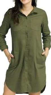 PrAna Yarrow Shirt Dress Womens XS Green Cargo Pockets Long Sleeves Hiking Camp