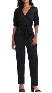 H Halston Surplice-Neck Faux Suede Short Sleeve Jumpsuit Belted Black Size L