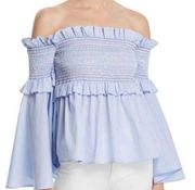 Blue  Smocked Colorful Embroidered Ruffled Off the Shoulder Blouse