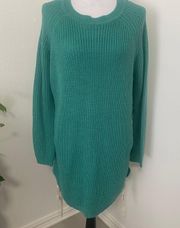 Womens Side Crochet Tie Green Knit Long Sleeve Sweater Dress Size Medium