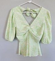 Open Edit Green Floral Blouse Bow Sweetheart Top XS NWT N4