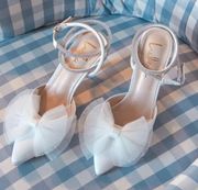 Lelanee White Satin Rhinestone Bow Ankle Strap Pumps