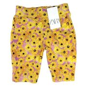 Zara NWT Pink Yellow Sunflower Floral Yoga Fitted Stretch Athletic Bike Shorts S