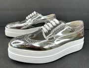 Prada Mirror Metallic Silver Leather Platform Lace-up Brogues Sneakers Size 35