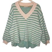 Davi & Dani Dressed in Lala Striped V-neck Sweater Cream Mint Fuzzy, size Small