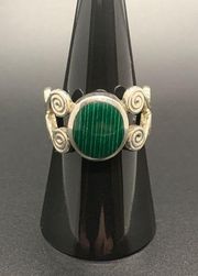 925 Sterling Silver Green Malachite Stone Swirl Design Ring Band Size 8