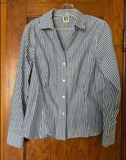 Anne Klein button front v-neck blouse. Navy stripes. Size M