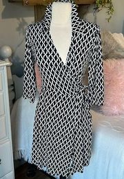 Laundry Shelly Segal Black White Wrap Dress Collared Belted Silky Womens XS