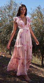 Womens  x Revolve Juniper Floral Maxi Dress Pink V-neck Ruffle XS