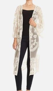 Off White Sheer Kimono Open Duster Cardigan Maxi Boho Festival flowy Top - L/XL