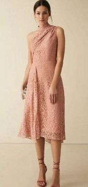 Reiss Stephie Blush Pink Asymmetric One Shoulder
Draped Lace Midi Dress Size 8