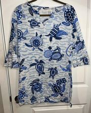 Gretchen Scott Blue Cotton Tunic Top Sea Turtle Theme Side Slits Size Medium