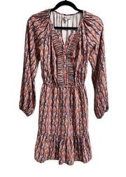 Joy Joy Graphic Print Above Knee Ruffle Boho V-Neck Dress Size XS Retail $139