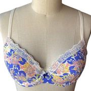 GILLIGAN & O'MALLEY Blue & Pink Floral Underwire Lace Cotton Bra ~ Women's 38C