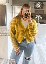 OBEY Women's Medium Yellow V-Neck Cropped Cardigan Long Sleeve Sweater