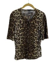 Lafayette 148 Silk Combo Animal Cheetah Print Short Sleeve Cardigan Medium