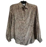 Allison Taylor Womens Leopard Silk Blouse S Black Brown Soft Button Up Vintage