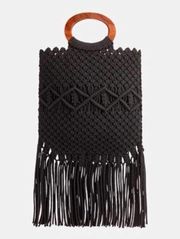 Danielle Nicole Macrame Fringe Tassel Wooden Handle Crossbody Bag in Black