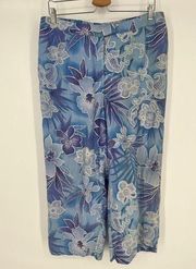 August Silk Wide Leg Cropped Pants Sz XL Blue Purple Floral Print 100% Silk