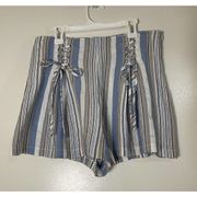 AQUA stripe blue cotton high waist tie front shorts size Medium