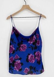 Paige Giovanna Cowl Neck Satin Camisole Tank Top Floral Purple Blue Large