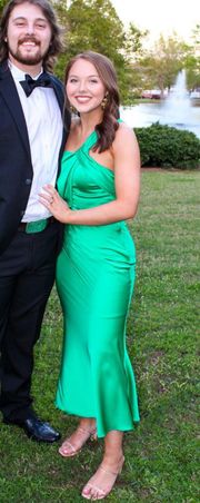 One Shoulder Green Satin Midi Dresss