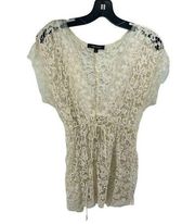 Karen Kane Women's Floral Lace Top Blouse Sheer V Neck Tie Knot Cream Small