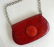 Furla 90s Red Genuine Leather Silver Chain Handle Slim Small Shoulder Bag