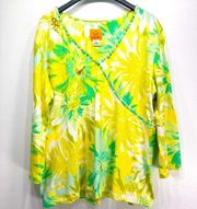 Ruby Rd. Lime Green & Turquoise Tropical Floral Surplice Front Beaded Top