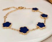 Gold Plated Clover BLUE Bracelet 5 Petals Unisex Womens Mens