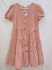 Blu Pepper NWT Pink Rose Button Front Short Sleeve Babydoll Dress size medium