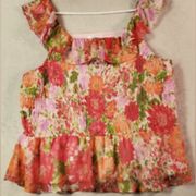 LC Lauren Conrad ruffle neck smocked floral top & metallic XL NWT