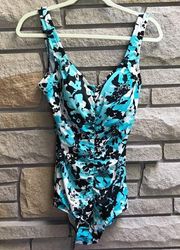 Maxine of Hollywood Shirred Front Girl Leg One Piece Swimsuit Floral aqua 14