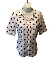 Talbots Crisp White Button Up Blouse Navy Polka Dots Sz. 10P Elbow Sleeve Career