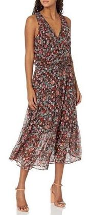 Leah Floral Print Midi Dress Black Combo Metallic Shimmer