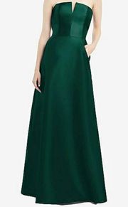 NWT  Hunter Green Strapless Notch Neck Satin Gown Size 0