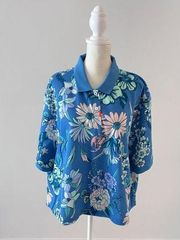 NIKE Women XXL Floral Printed Polo Shirt DRI-FIT Top Loose Fit in BLue