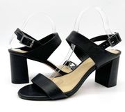 Antonio Melani Womens 9.5 Block Heel Leather Sandal Chunky Ankle Strap Black